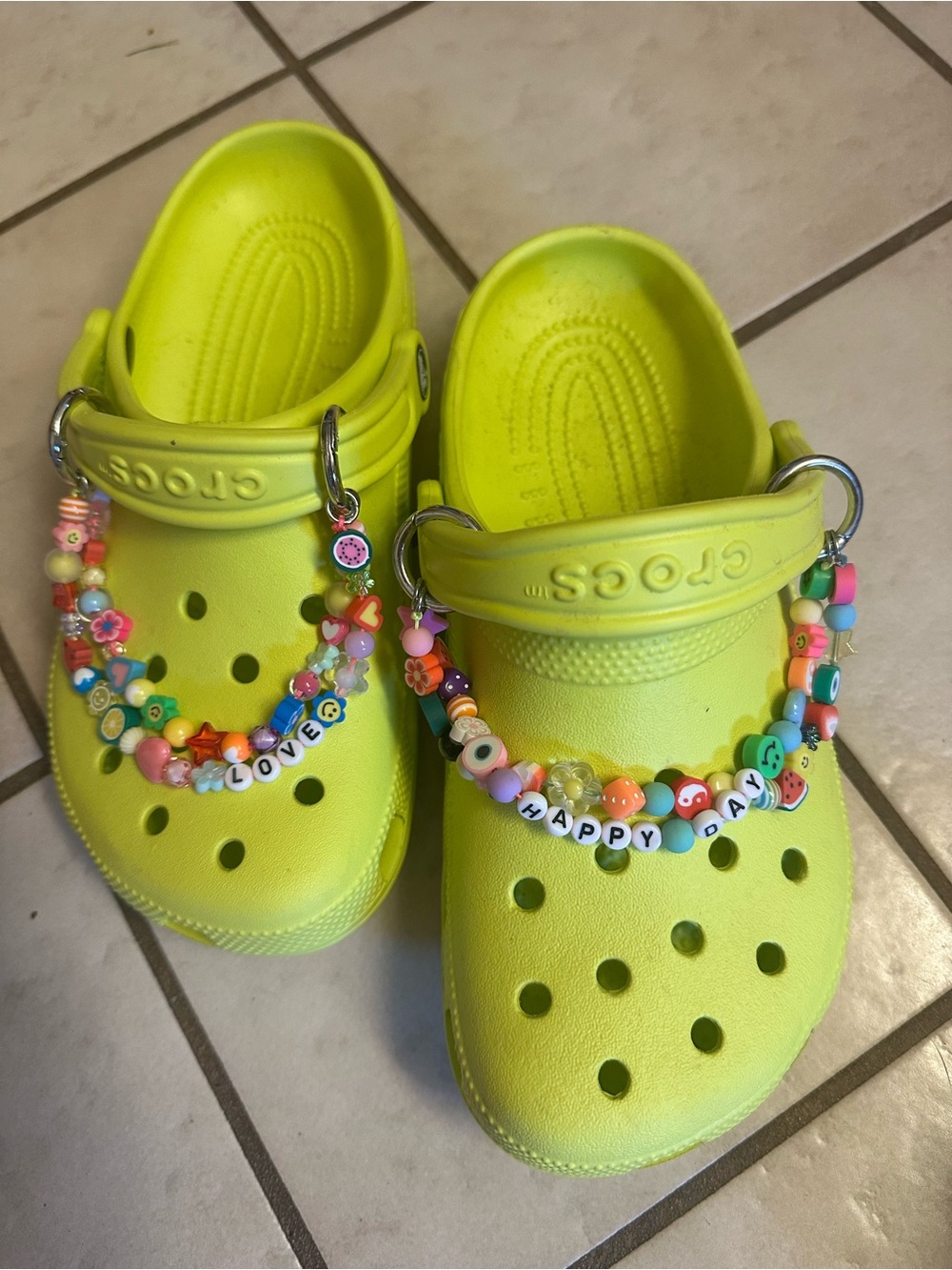 CROCS Kids Neon Yellow Clog Sandals with Colorful Bead Charms
